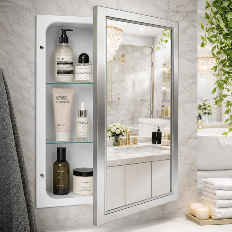 Congdon 16x26" Recessed Brushed Nickel Stainless Steel Metal Framed Medicine Cabinet Mirror with 3 Adjustable Shelves