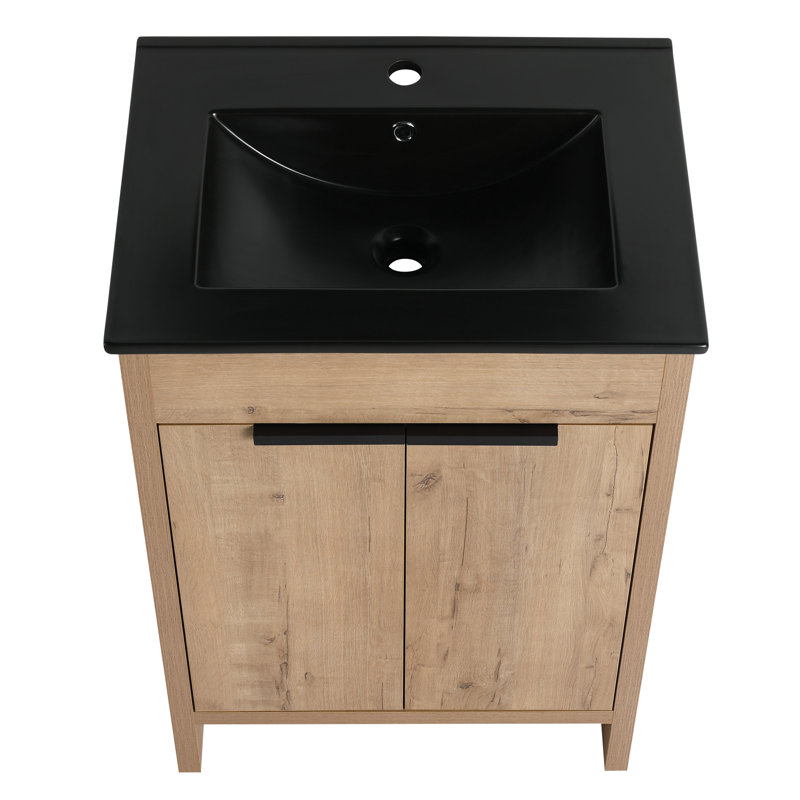 Bathroom Vanity Freestanding 24". Black Ceramic Basin, Soft-Close Doors, Metal Handle, Adjustable Shelf. Construction 24" Sink Vanity. 2 Strong Plywood Cabinet