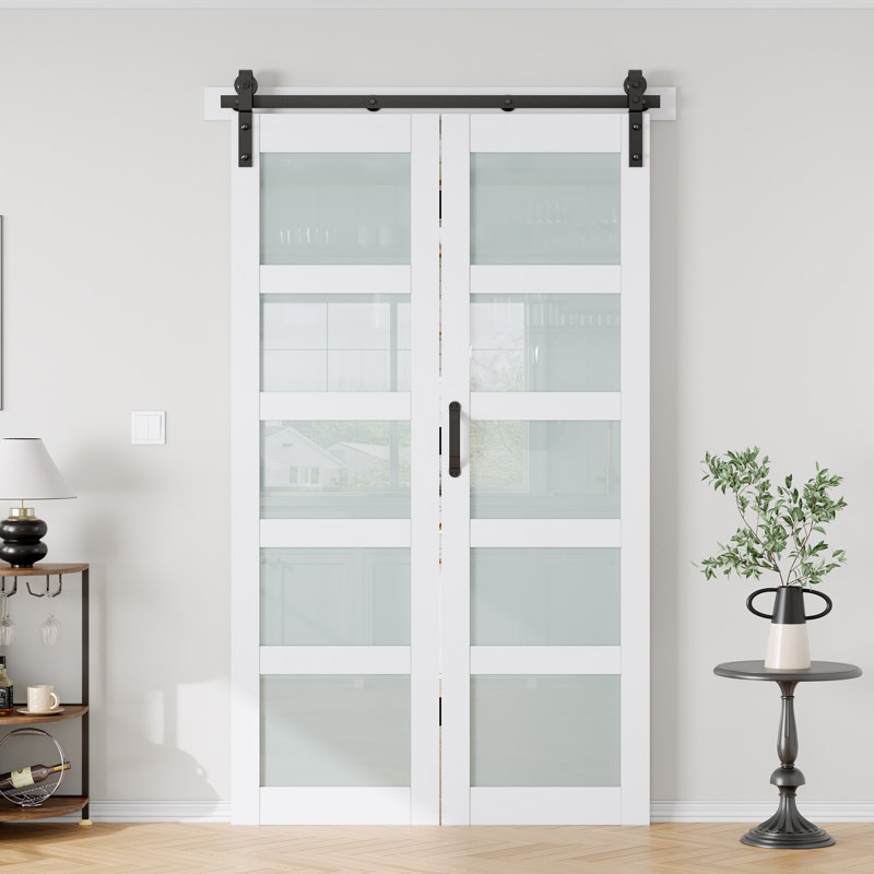 Glass And Solid Manufactured Wood Bi-Fold Barn Door With Installation Hardware Kit, 48'' x 84'', 2