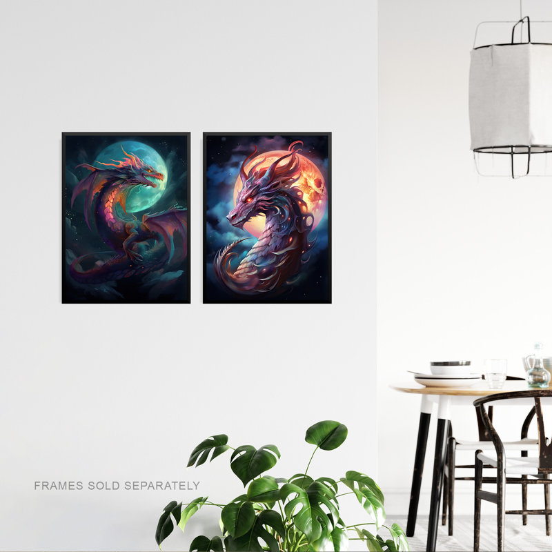 Dragon Moon Fantasy Mystical Serpent - 2 Piece No Frame Print Set