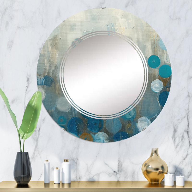 Miroir mural bleu bronze à pois, imprimé moderne ovale / rond - pois bleus et bronze sur verre II, H 31,5 po x l po