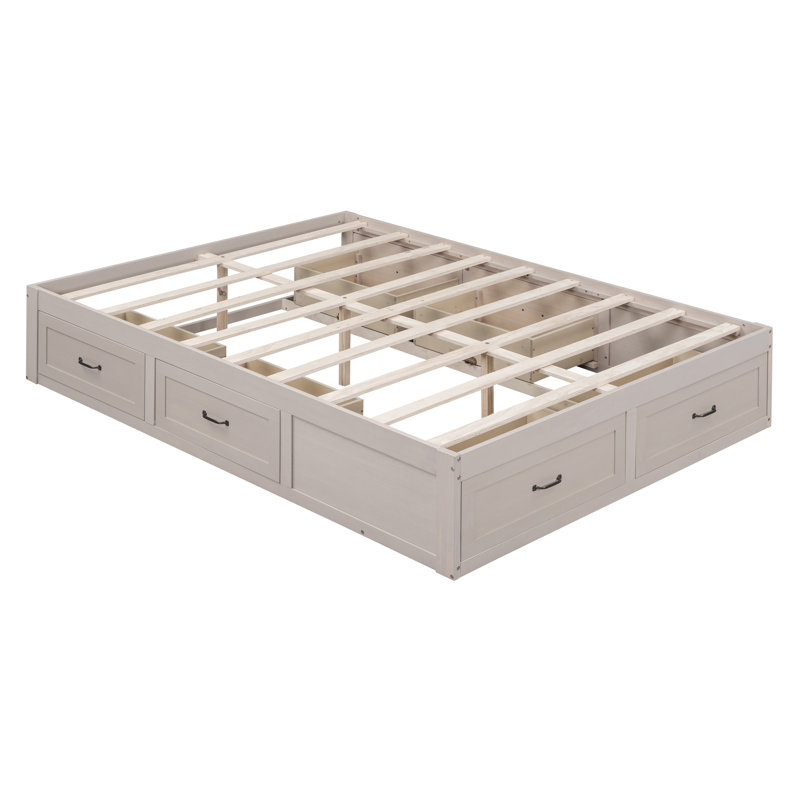 Lit plateforme avec 6 tiroirs de rangement,, Blanc antique, Grand lit
