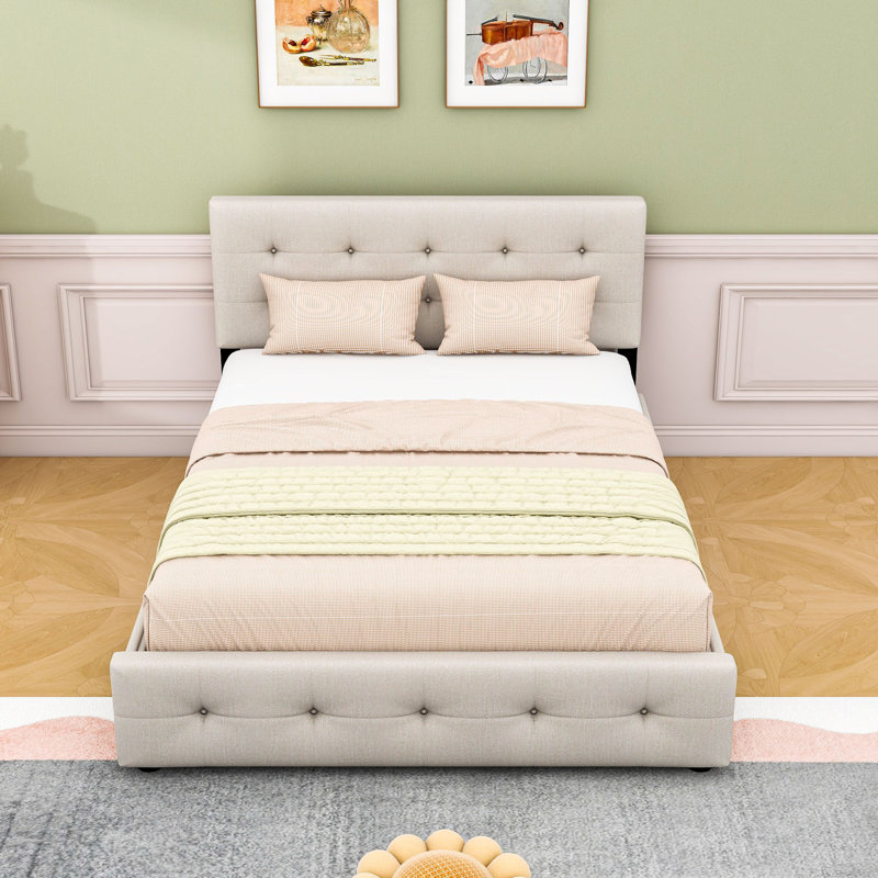Grand lit plateforme tapissier avec tête de lit capitonnée, lit simple TG et deux tiroirs, Beige foncé
