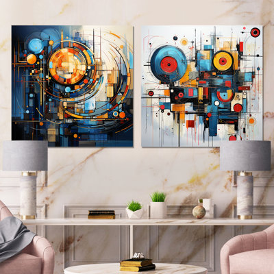 Minimalisme jaune et bleu formes élégantes I - formes abstraites d'art moderne sur toile, ensemble de 2