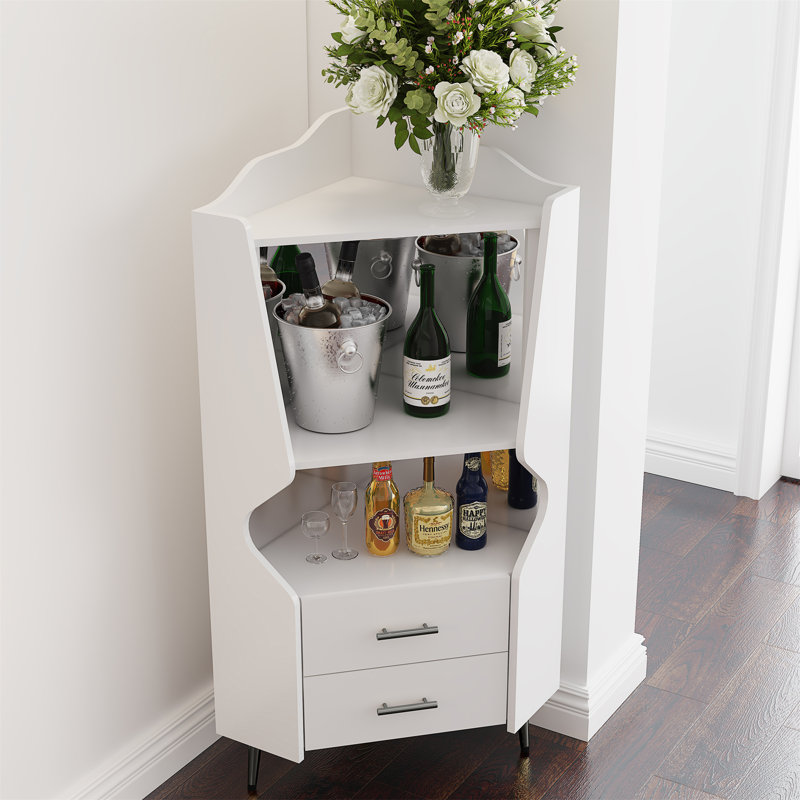 Bar en bois avec 2 tablettes de rangement ouvertes et 2 tiroirs, Blanc