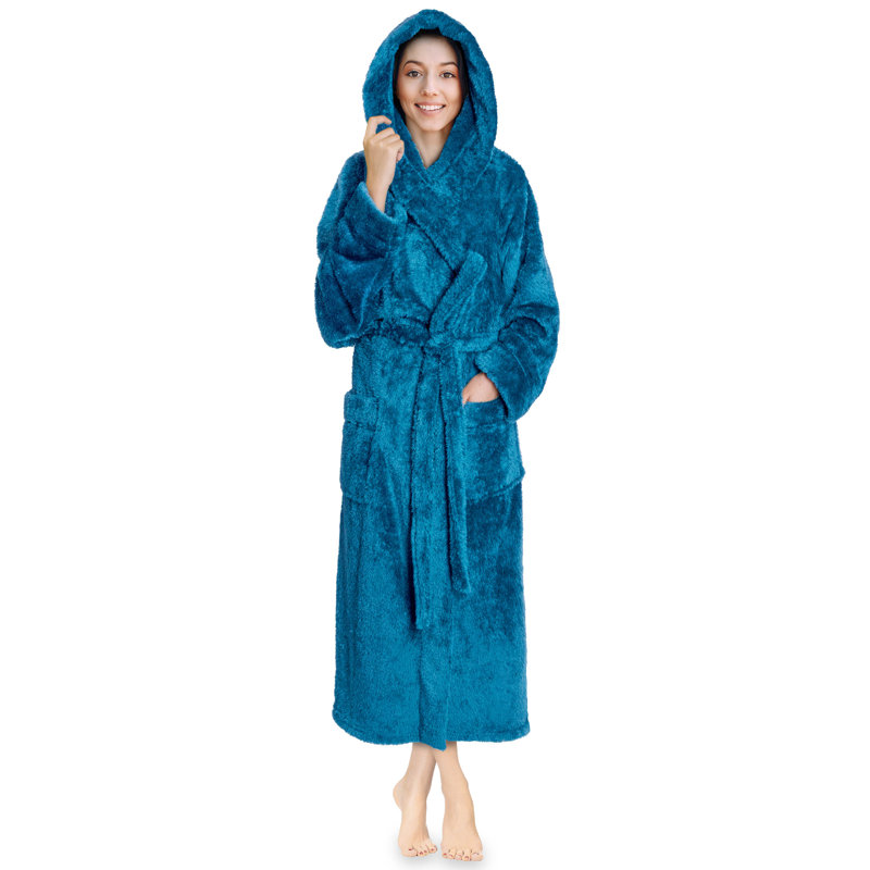 Peignoir 100% molletonné en microfibre de polyester de qualité supérieure avec poches et capuche, S, Bleu sarcelle