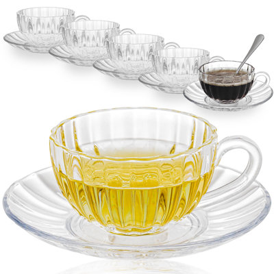 6-Piece 6oz Glass Tea & Coffee Cup Set with Saucers and Stainless Steel Spoon, Dishwasher & Microwave Safe for Daily Drinks