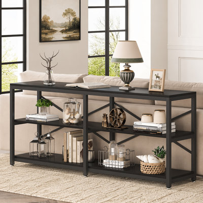 Console de 70,9 po de long avec tablettes de rangement, canapé industriel à 3 niveaux derrière le canapé, table d'entrée moderne avec structure en métal et design en X pour le salon, le couloir, la bibliothèque noire