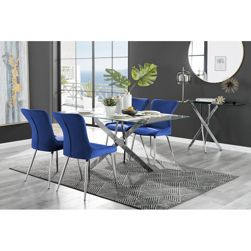 Lenworth Chrome and Glass Rectangular Dining Table Set with 4 Luxury Velvet Chairs