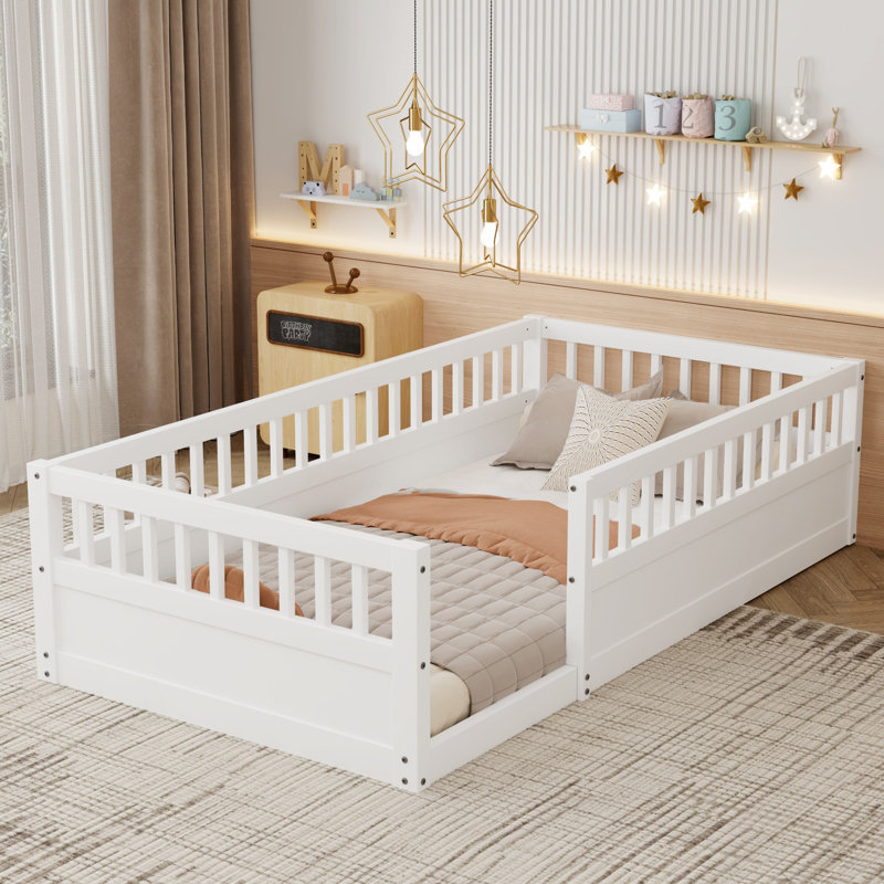 Children's solid wood platform bed with safety rails, Twin, White