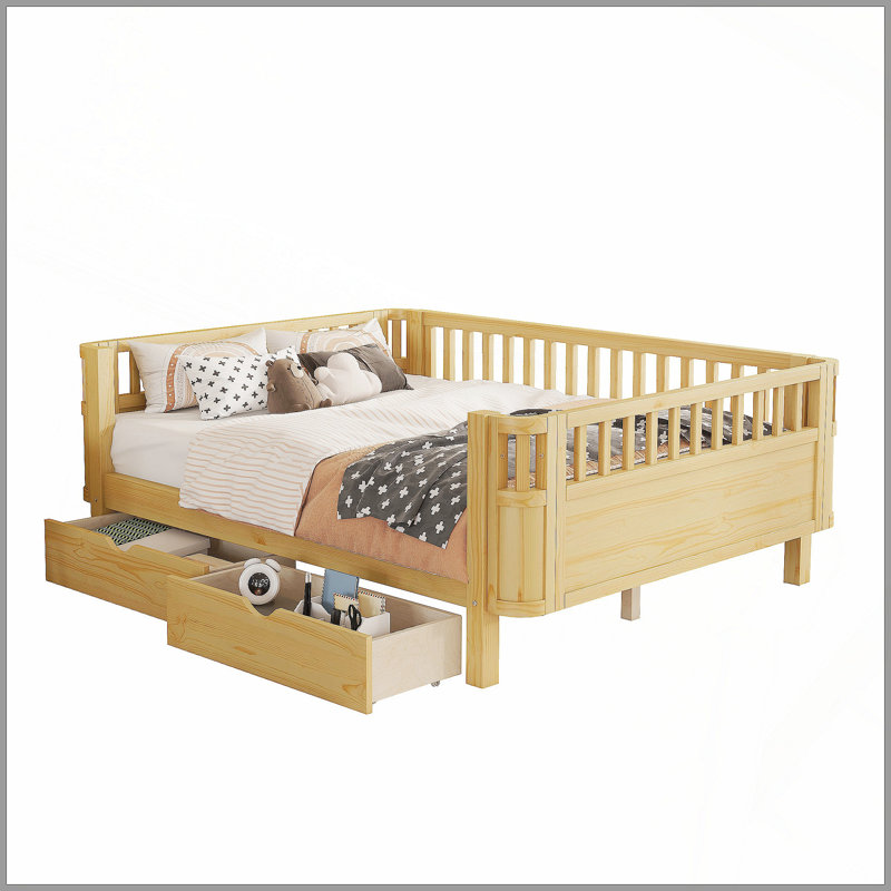 Lit plateforme double en bois pour enfants, lit double en bois à profil bas avec rails pour filles et garçons, naturel
