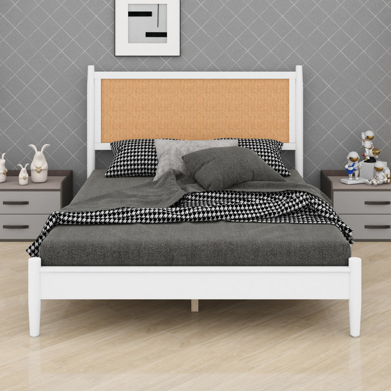 Cadre de lit plateforme avec tête de lit tressée et style bohème côtier, Grand lit, Blanc