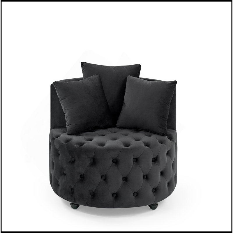 Chaise pivotante rembourrée en velours pour le salon, avec conception capitonnée à boutons et roues mobiles, comprenant 3 coussins