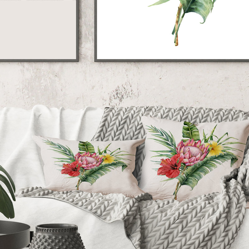 Bouquet de fleurs avec housse et insert de coussin carré Protea Hibiscus Plumeria, 18" x 18"