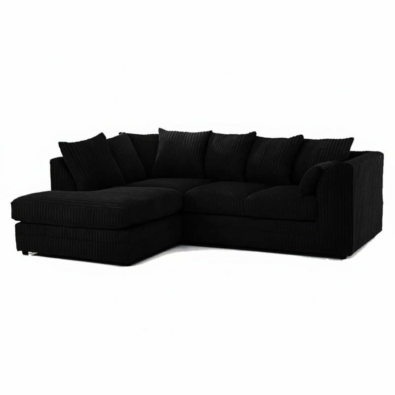 Jumbo Cord Upholstered Corner Sofa Small Back Cushion with Foot Stool , Black, Left Hand Facing