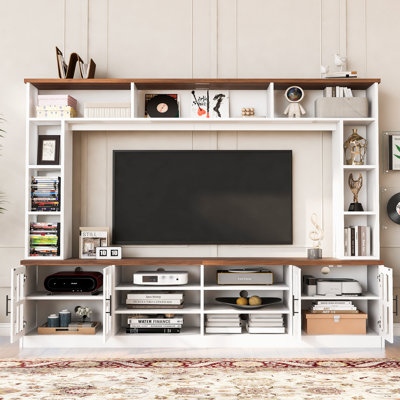 Meuble télé moderne, meuble télé avec bibliothèque, meuble télé moderne avec armoires, portes en verre trempé et tablettes réglables pour le salon
