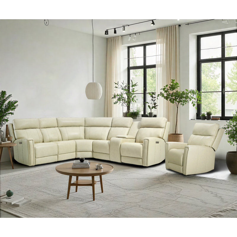 Un canapé modulaire inclinable électrique et un fauteuil inclinable, Cuir véritable crème, Bouton poussoir d'alimentation