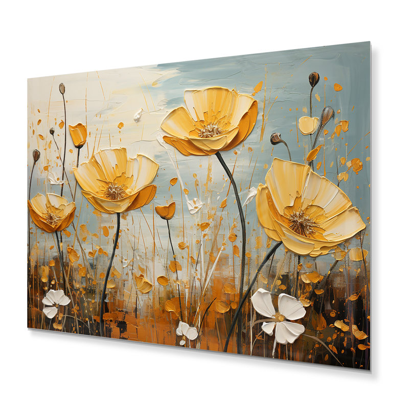 Patchwork lueur dorée jaune et gris - salon d'art mural en métal floral, H 30 po x l 40 po x P 1 po