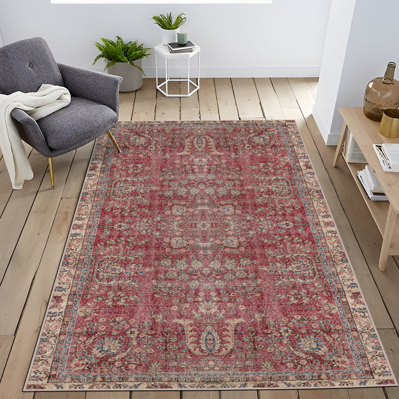 Red Traditional Floral Patterned Decorative Rug - Thumbnail 3