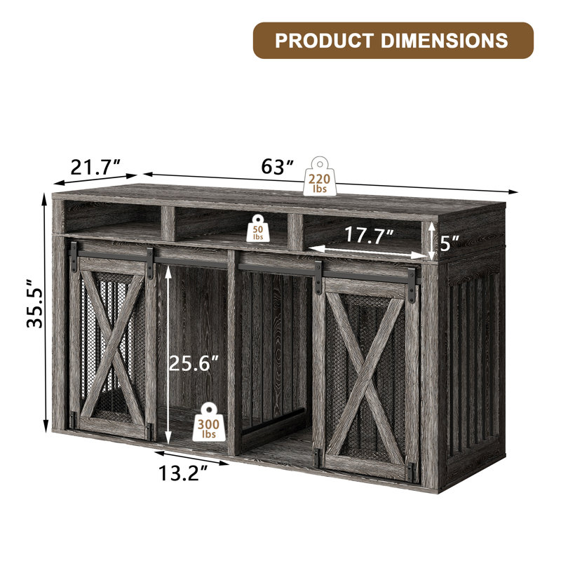 Meuble double 63 po pour 2 chiens, chenil en bois et 2 chiens, Gris