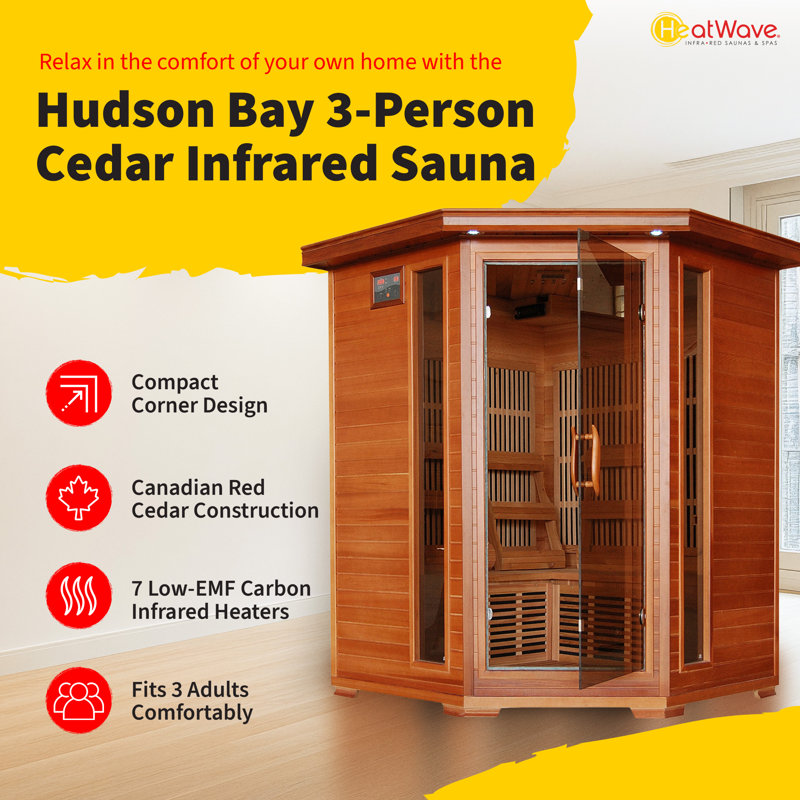 HEATWAVE Hudson Bay 3 Person Cedar Infrared Wood Sauna for Home Relaxation – Indoor Sauna with 7 Carbon Heaters, Chromotherapy Lighting, Oxygen Ionizer, & Built-In Stereo Sound System