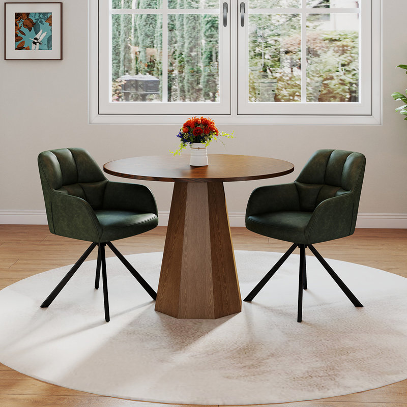 Ensemble de tables de salle à manger rondes de style Mid-Century avec chaises pivotantes, Noyer, 3 pièces: table, 2 chaises