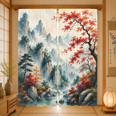2Pcs Artistic Landscape Curtains, Misty Mountains Waterfall Scene, Vibrant Autumn Foliage, Light Filtering Fabric, Privacy Protection, Rod Pocket Design for Living Room, Bedroom, Balcony Home Decor