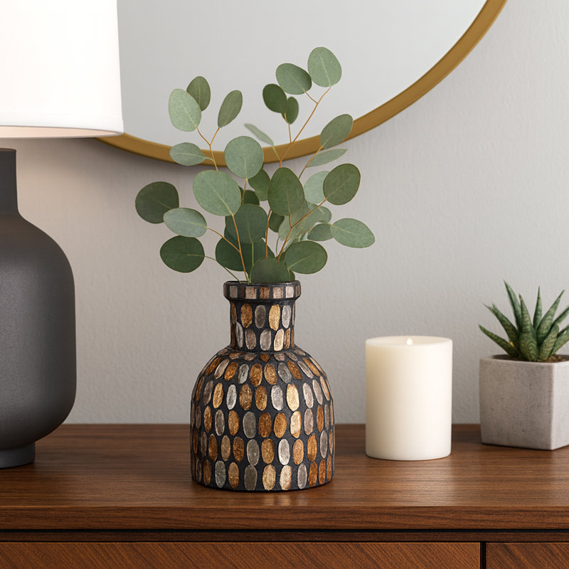 Vase en verre, H 6 po x l 4 po x P 4 po, Mosaïque bronze / cuivre