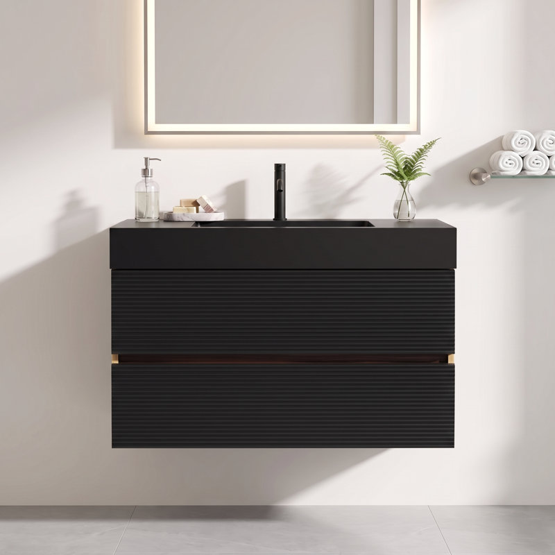 Meuble-lavabo flottant mural moderne de 36 po de couleur brun avec lavabo à surface solide noir mat, tiroirs souples, 36''