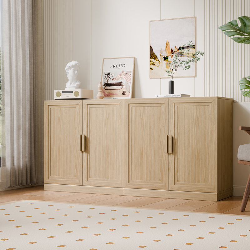 Modern 62" 4-Door Sideboard Storage Cabinet with Adjustable Shelves, Natural Oak, 31" H x 62" W x 16" D