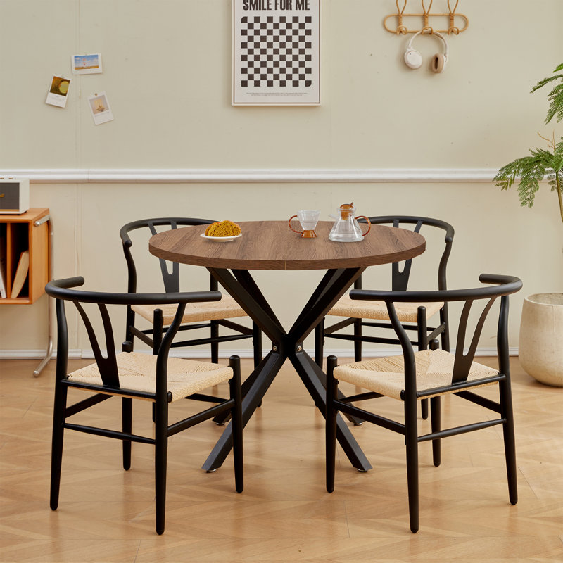 Set Of 2 Chairs - Mid-Century Dining Chairs - Natural Wood Color Frame With Woven Seat, Black
