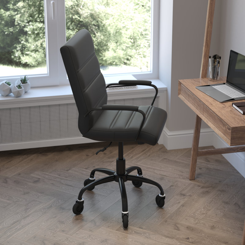 Mid-Back Executive Swivel Office Chair with Arms, and Transparent Roller Wheels, Black, Black