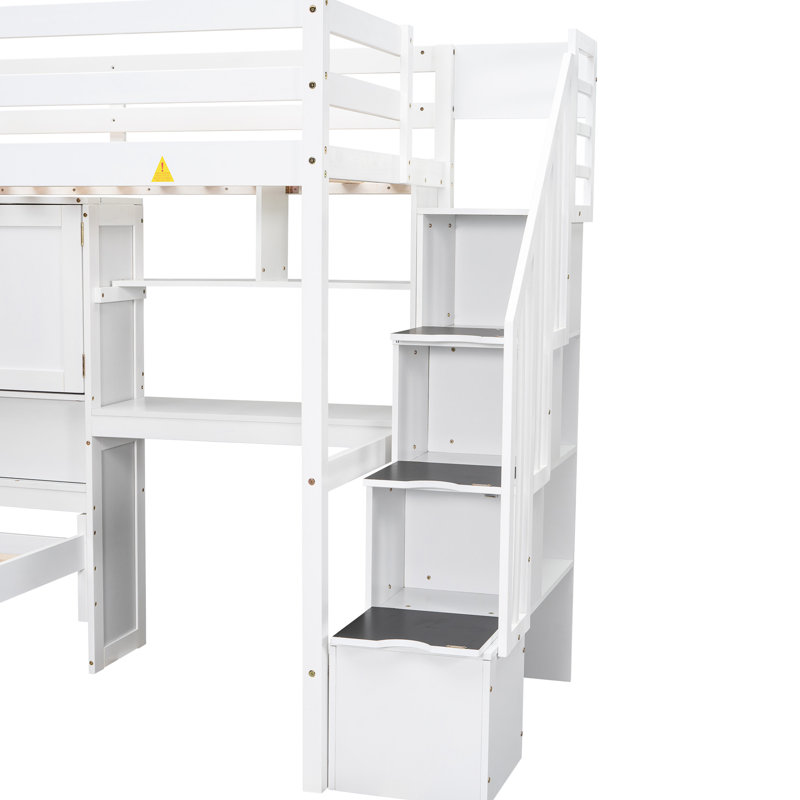Lit simple mezzanine avec rangement, bureau et escalier d'aspect blanc avec tablettes, Blanc