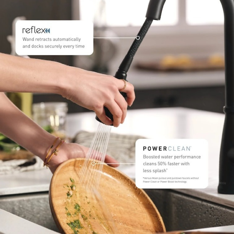 Moen Essie Pre-Rinse Spring Pull Down Single Handle Kitchen Faucet with Power Clean Technology and Soap Dispenser