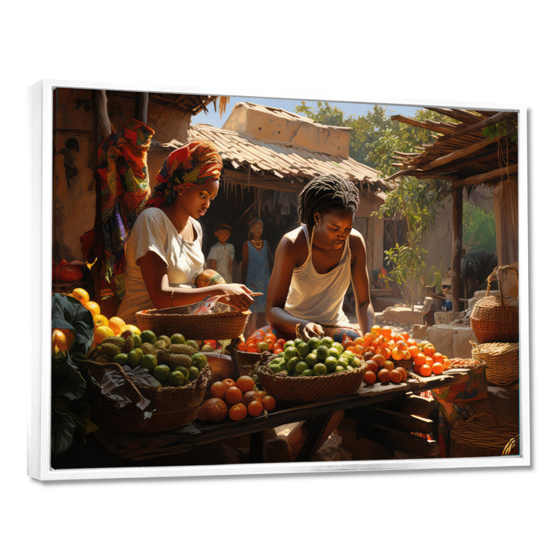 «African Vibrant Market I», reproduction d'art sur toile, Cadre flottant blanc, H 16 po x l 32 po x P 1 po
