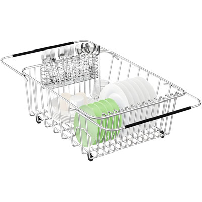 Expandable Stainless Steel Dish Drying Rack For Sink - Adjustable Dish Drainer With Utensil Holder, Rustproof & Space-Saving Kitchen Organizer
