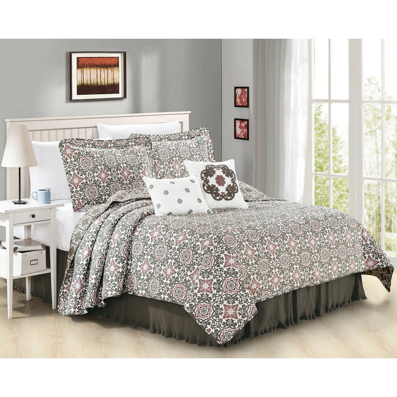 6 Piece Coventry Printed Microfiber Quilt Set w/ Bedskirt, King Quilt + 5 Additional Pieces