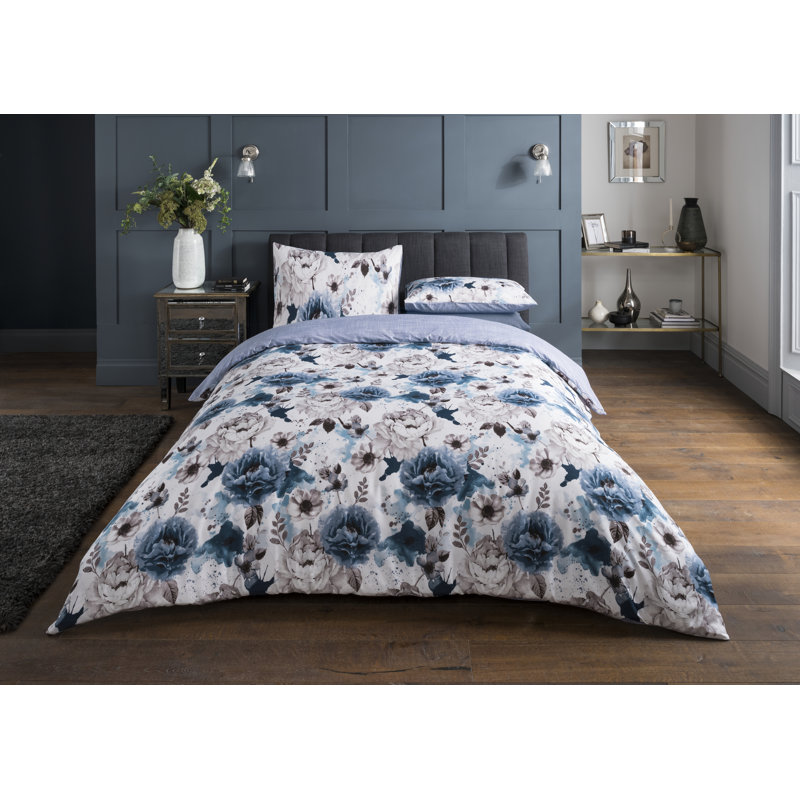 Maiorano Floral Duvet Cover Set with Pillowcases, 155 x 220 cm - 2 Pillowcases (80 x 80 cm), Blue