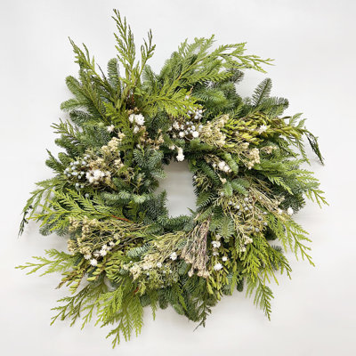 Natural Fresh Evergreens and Dried Flower Holiday Juniper, Cedar, Ammobium, and Pine Wreath