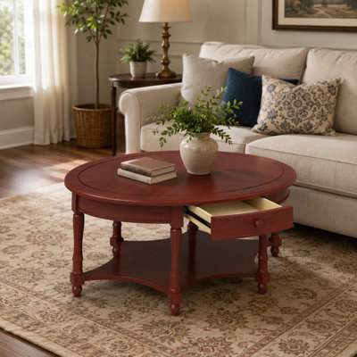 45 in. Cherry Vintage Oval Coffee Table with Drawer Storage Shelf French Country Antique Cocktail Accent Table for Living Room