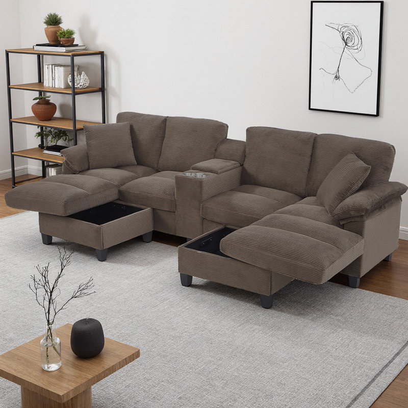 116.9" Modern U-shaped Sectional Sofa with Storage Ottomans, Center Console featuring Cup Holders & USB Ports, Corduroy Upholstered Sofa with Pillow Top Arms for Living Room