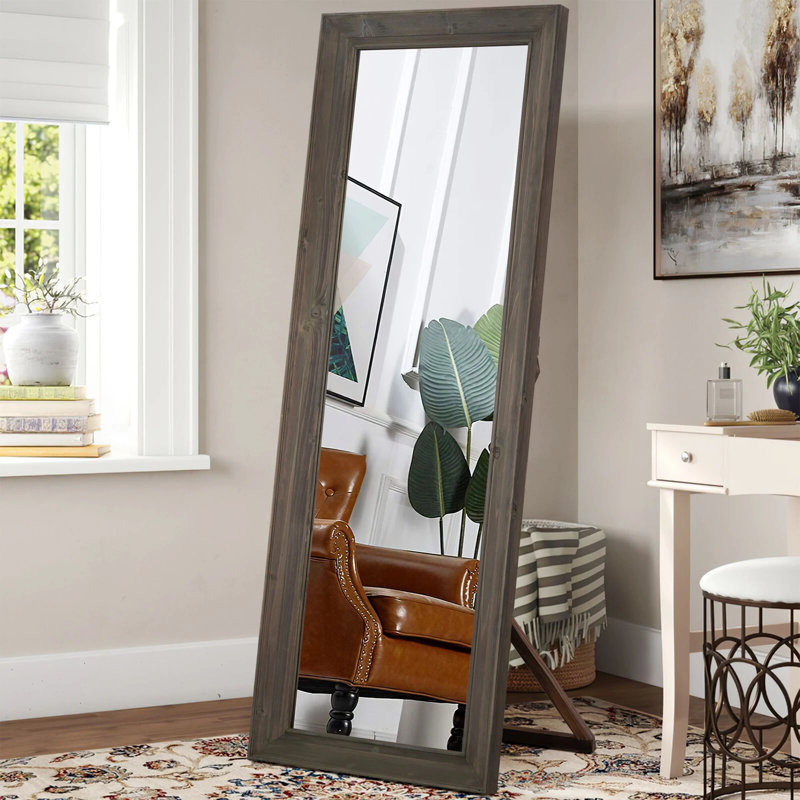 Arejas Rustic Solid Wood Flat Wall Mirror Freestanding Mirror, Gray, 64" x 21"