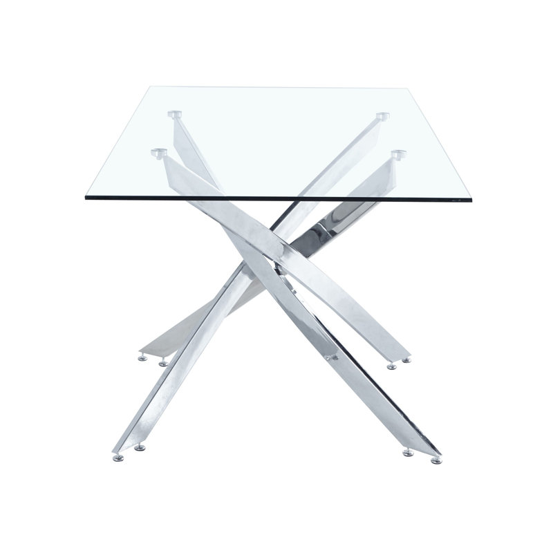 Virelli Cross-Base Glass Dining Table, 30" H x 63" L x 36" D, Silver