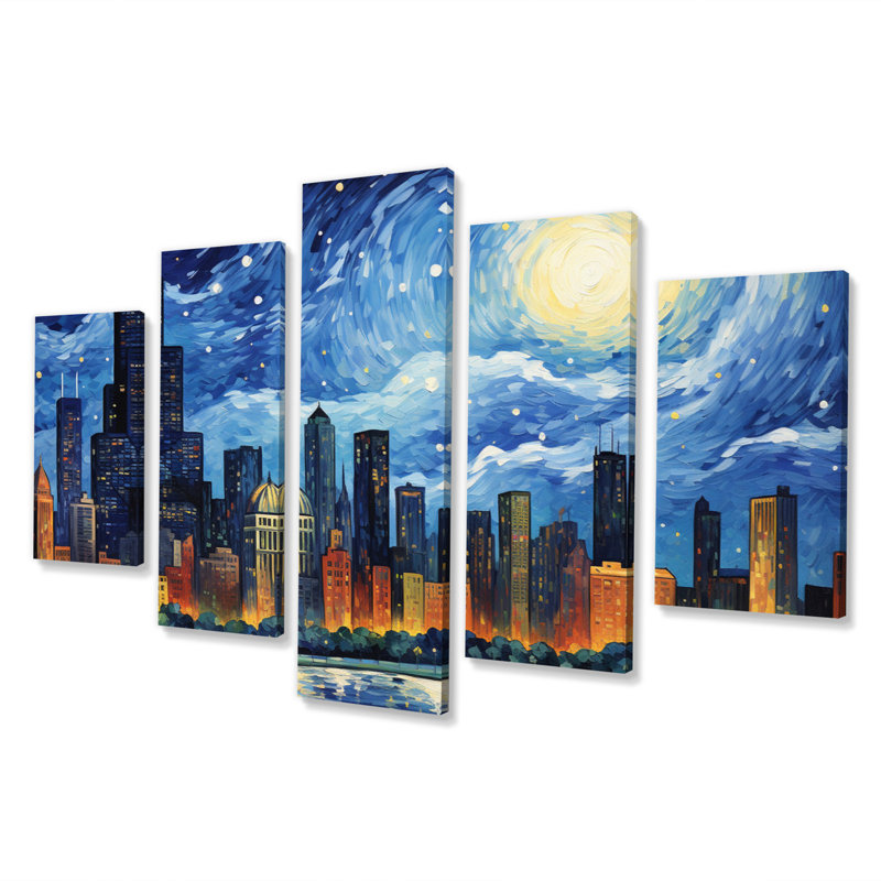 Chicago the Starry Night - 5 pièces, reproduction sur toile tendue