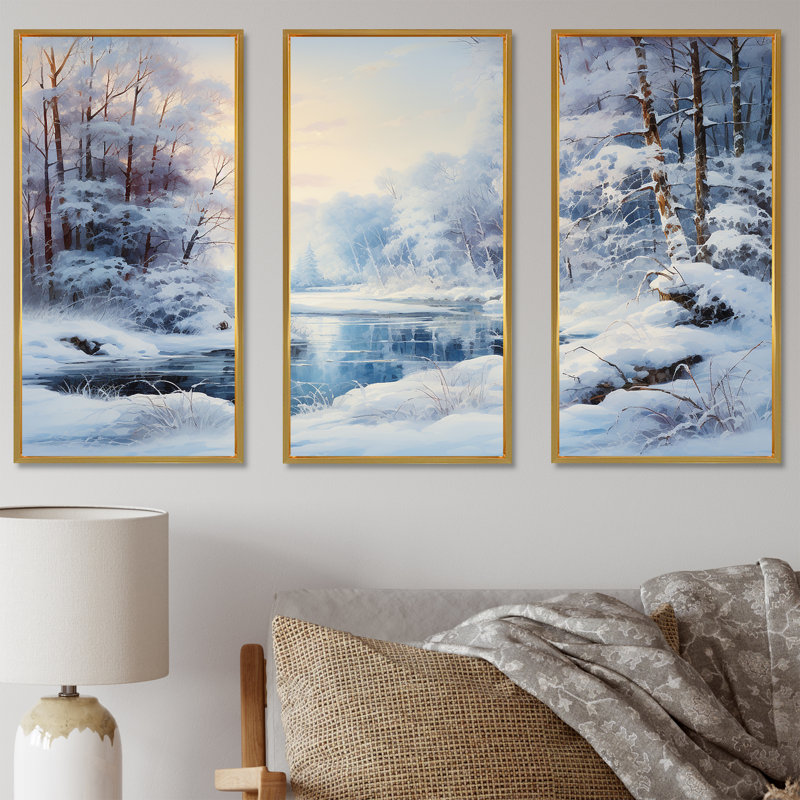 Winter River Window View II - Winter Landscape, art mural, H 32 po x l 48 po x P 1 po, Cadre flottant doré