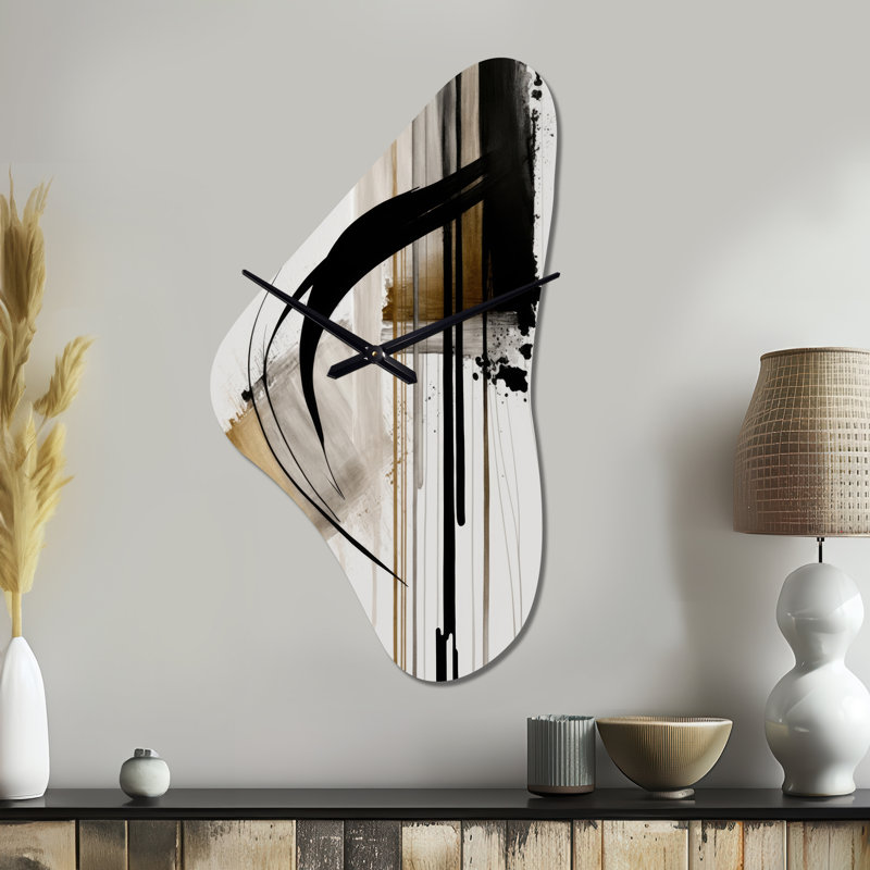 Noir, blanc et or Expression I - Horloge murale abstraite de forme unique en métal, impression d'horloge murale asymétrique moderne