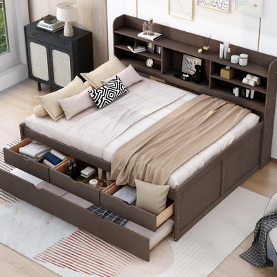 Antique Gray Wooden Captain Bed With Built-in Compendium Shelves, 3 Storage Drawers And Trundle, Full Size Perplexing Three