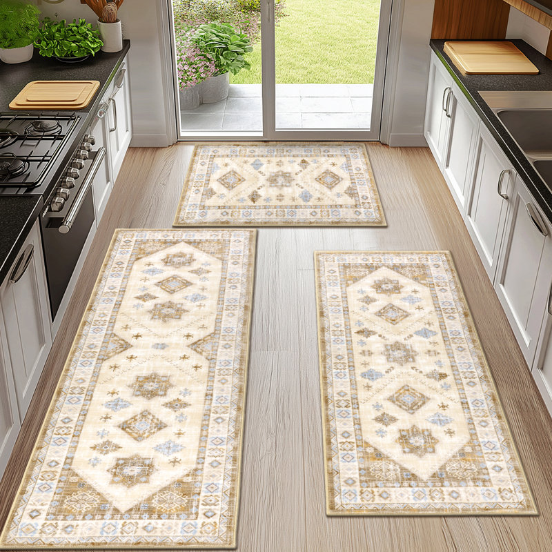 Machine Washable Non-Slip Kitchen Mat (Set of 3), Cream/Tan