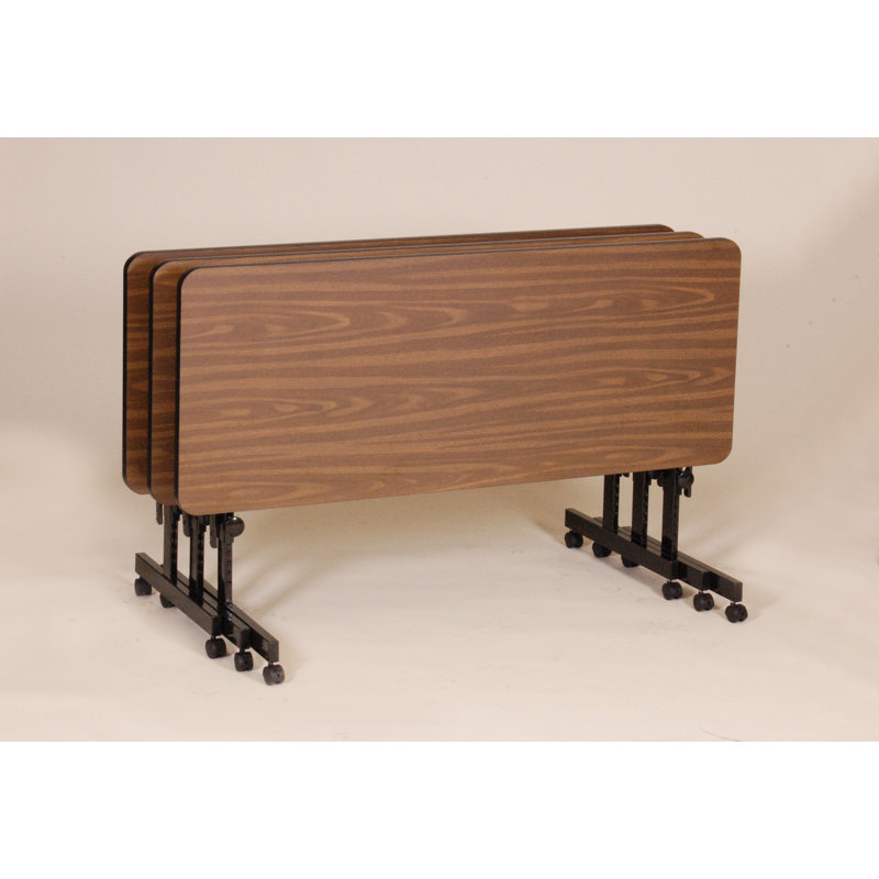 Kham Rectangle Height Adjustable Flip Top Training Table with Casters and Modesty Panel and Cable Management, Walnut