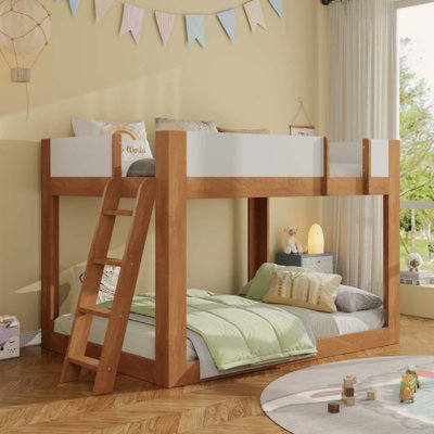 Low Bunk Bed, Wooden Convertible Bunk Bed with Reversible Ladder and Safety Guardrails